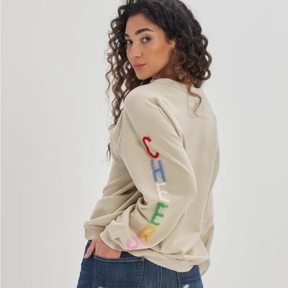 Aerie Pleated Sleeve Crewneck Cream Oversized Boxy Cheer Sweatshirt Size Large - Picture 2 of 10